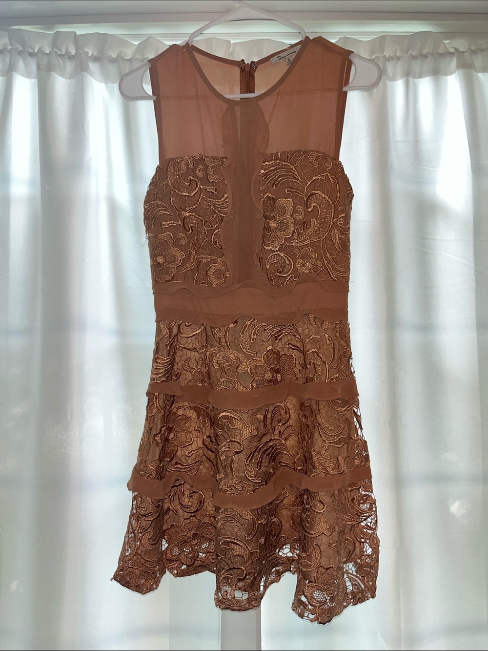 the clothing company Copper-Tone Lace Tiered Mini Dress